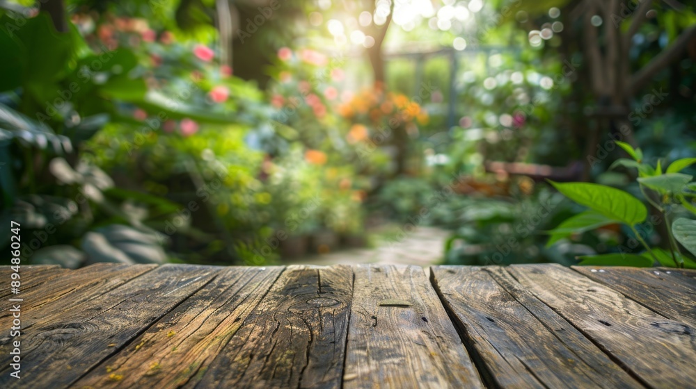 Poster a close-up of a weathered wooden tabletop, with a lush, green garden blurred in the background. sunl