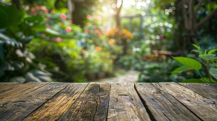 Fototapeta premium A close-up of a weathered wooden tabletop, with a lush, green garden blurred in the background. Sunlight streams through the trees, creating a warm and inviting atmosphere.
