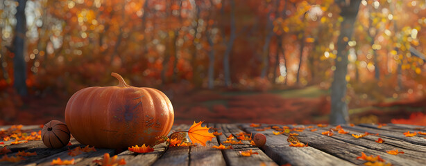 Pumpkin on a Natural Wood Tabletop in a Woodland Scene. Autumn Banner with copy-space.