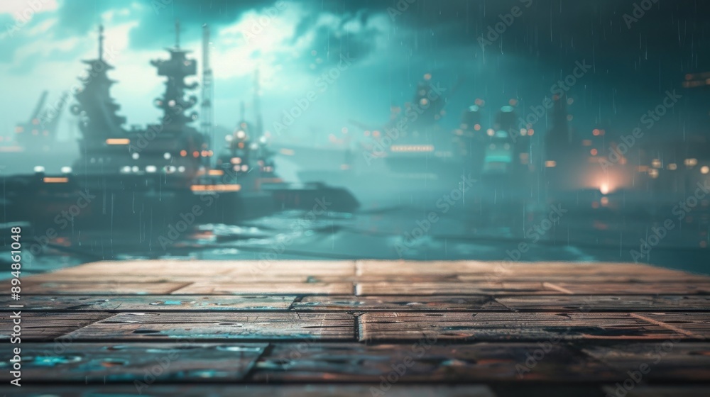 Poster A wooden platform sits in the foreground, with a futuristic city skyline in the background. The city is shrouded in fog and rain, and the lights from the buildings create a colorful glow.