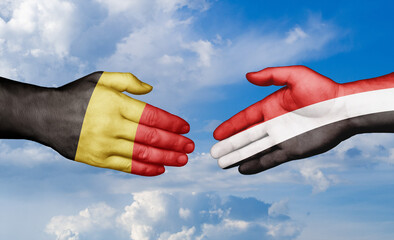 Yemen and Belgium country handshaking with flags, consensus concept international co-operation illustration