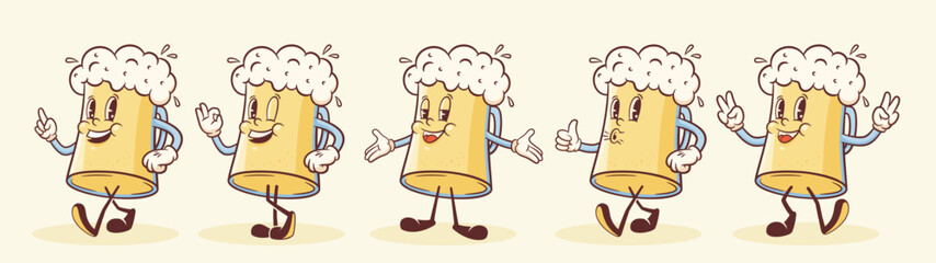 Groovy Beer Mug Retro Character Illustrations Set. Cartoon Drink Glass Walking Smiling Vector Food Brewery Mascot Templates Collection Happy Vintage Cool Beverages Rubber Hose Style Drawings