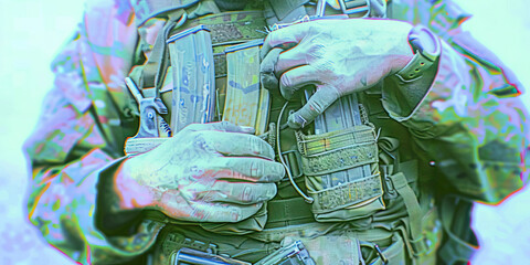 Combat Readiness: A soldier checking their combat gear for functionality and safety
