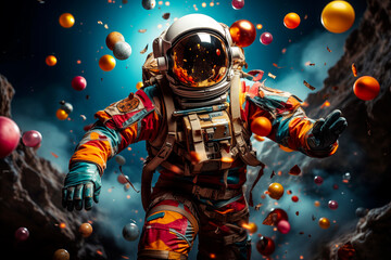 Fototapeta premium An astronaut in a spacesuit surrounded by colorful balloons on a distant planet, screensaver
