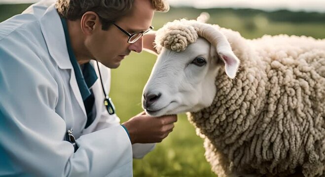 Veterinarian examining a sheep on the farm.