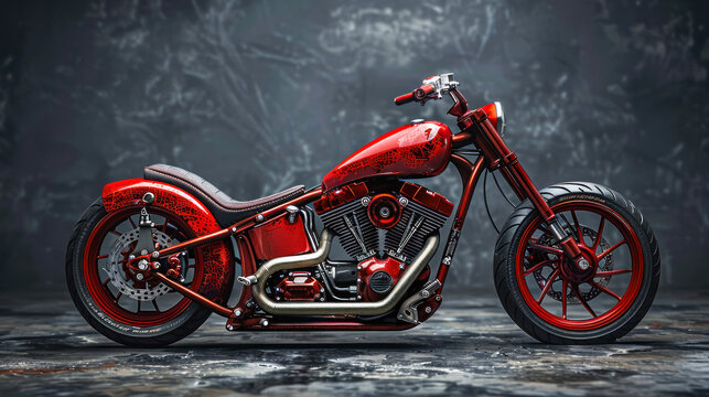 Red custom chopper in a dimly lit studio setting