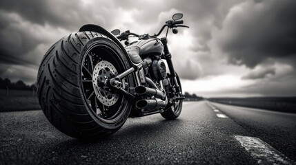 Classic black motorcycle on an empty road under dark skies