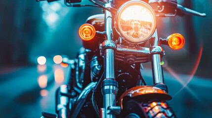 Close-up of a motorcycle headlight with indicator lights