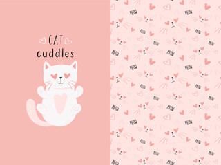 Illustration with funny cartoon cat seamless pattern with cat's muzzle and hearts. Lovely girlish pink colored vector graphic for apparel t-shirt print, textile