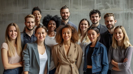 Group of 9 beautiful people in front of a background. Generative AI