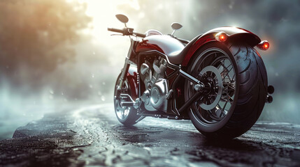Modern motorcycle on misty road within dreamy atmosphere.