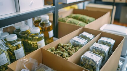 Cannabis Delivery Service Products in Storage Room for Health and Wellness Marketing