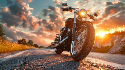 Motorcycle against a scenic sunset on an open road.