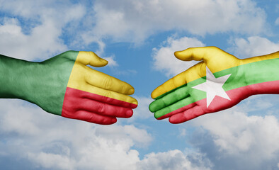 Myanmar aka Burma and Benin country handshaking with flags, consensus concept international co-operation illustration