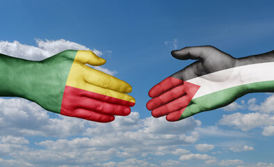 Palestine and Gaza Strip and Benin country handshaking with flags, consensus concept international co-operation illustration