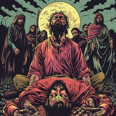 Jesus, crowned with thorns, is apprehended by soldiers in the Garden of Gethsemane. He looks up to the heavens with a sorrowful expression.