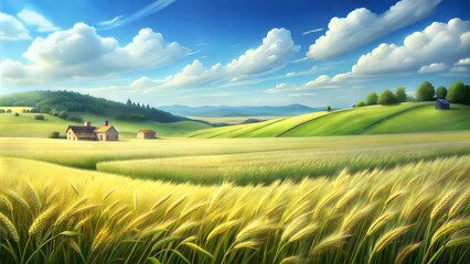 Fototapeta premium Rolling Hills with Wheat Fields and Farmhouses, Digital Art, Bright Green and Yellow Background, Scenic Rural View