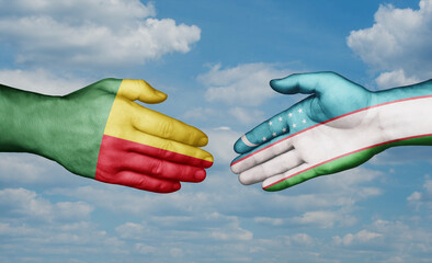 Republic of Uzbekistan and Benin country handshaking with flags, consensus concept international co-operation illustration