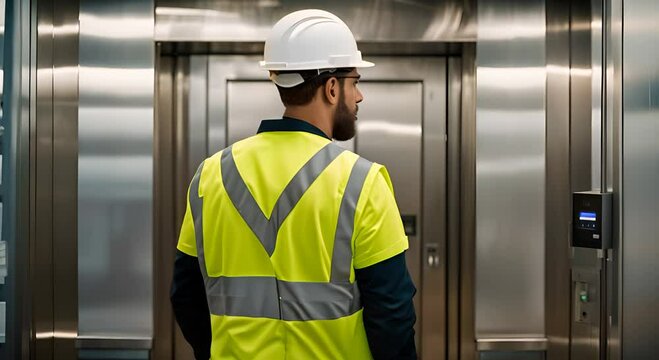 Maintenance man checking an elevator.