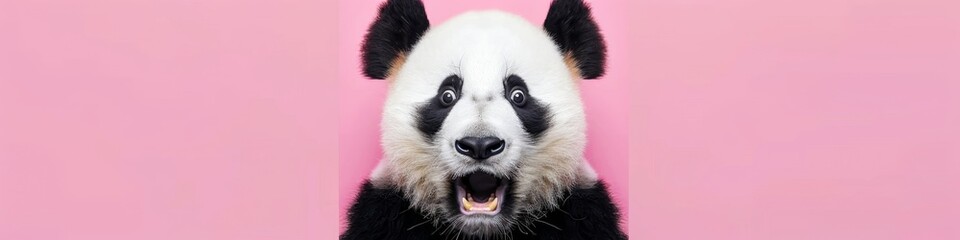 Fototapeta premium Adorable Panda with Wide-Eyed Surprise: Charming 4K Wallpaper of Expressive Animal Face. AI-Generated Creative Artwork Featuring a Cute and Shocked Panda Against a Pink Background, Capturing Whimsical