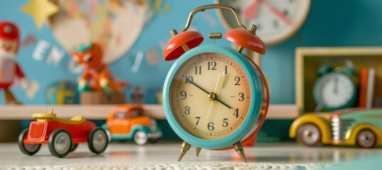 Vibrant Retro Alarm Clock and Vintage Toys in a Colorful Children's Room Design