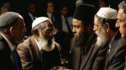 Harmony Among Faiths, Unity in Diversity, Capturing Religious Leaders Embracing Mutual Respect in Collaborative Gathering.