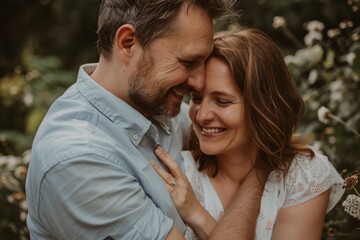 Obraz premium Portrait of a cheerful caucasian couple in their 30s hugging each other kissing