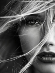 Fototapeta premium Intense Portrait of Woman with Windswept Hair in Monochrome