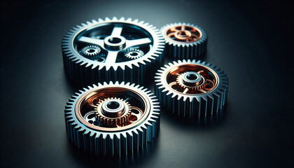 Shiny gears of cold steel colors on dark background
