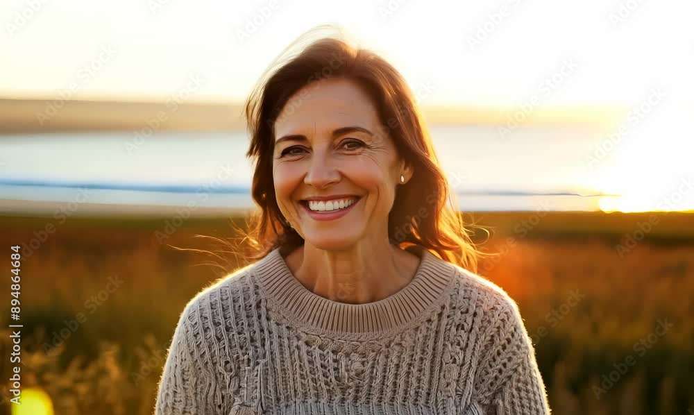 Sticker lifestyle portrait video of a pleased woman in her 40s wearing a cozy sweater against a summer lands