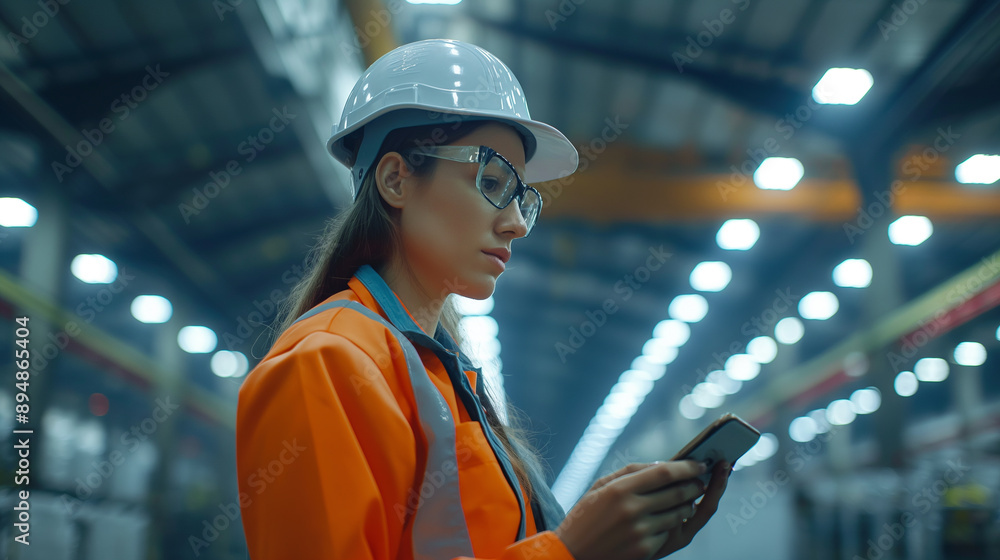 Poster young engineer working using tablet computer at production line of industrial factory to check the q