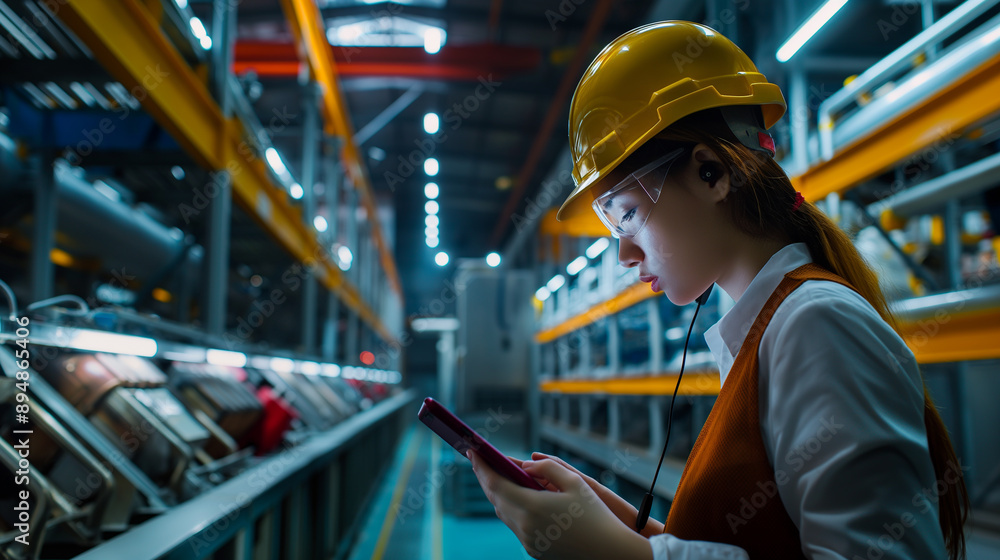 Poster young engineer working using tablet computer at production line of industrial factory to check the q