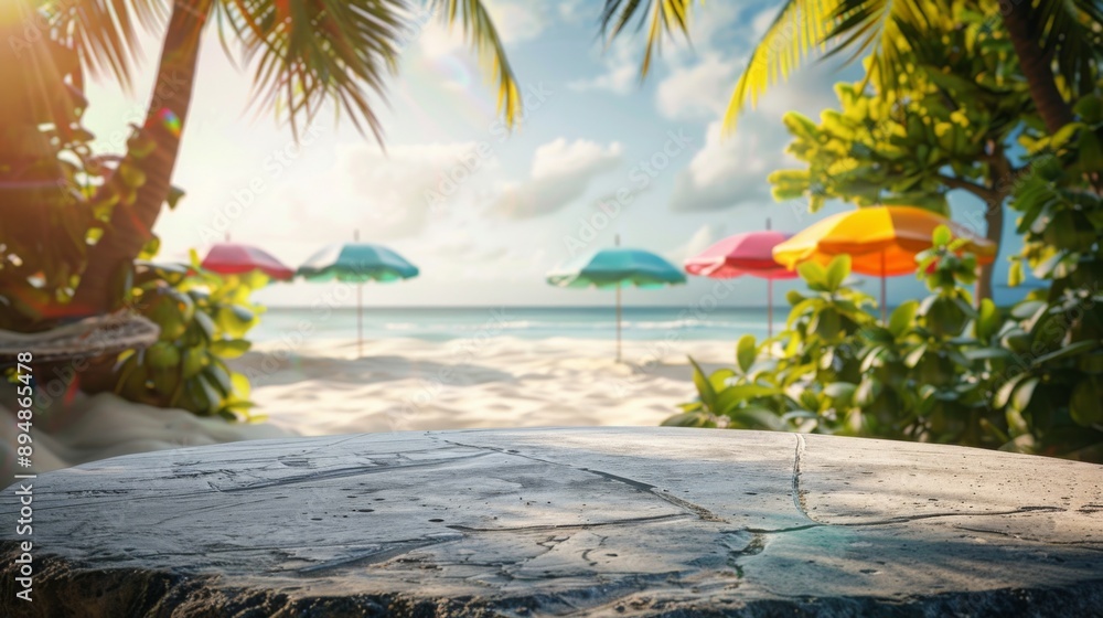 Aufkleber A close-up of a textured stone tabletop with a blurred beach scene in the background. The beach is sunny and features palm trees and colorful umbrellas.