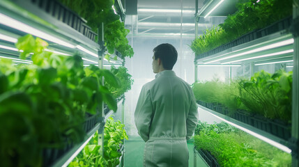 Back view of scientist growing fruits and vegetables indoors with LED lights supported by artificial intelligence, simulated farming activity