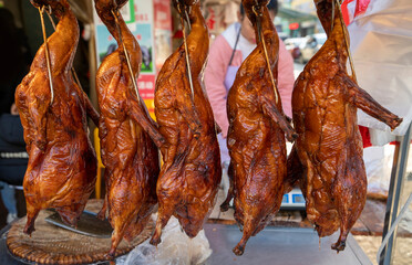 Delicious roasted duck in a roasted meat shop