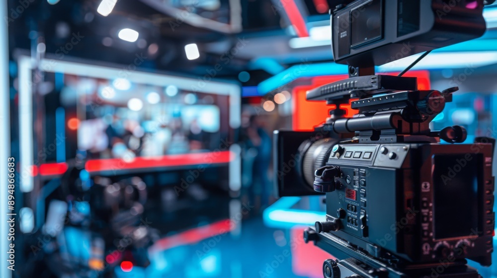 Poster a close-up view of a professional camera on a tripod, positioned in a television studio, capturing a