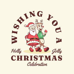 Christmas Groovy Santa Claus and Reindeer Retro Characters. Cartoon Xmas Personage Label. Vector Winter Holiday Mascot Template Background Card. Happy Vintage Cool Illustration Isolated