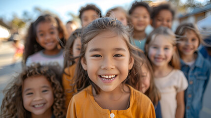 Group of diverse cheerful fun happy multiethnic children. Generative AI