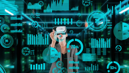 Businesswoman data searching dynamic market data scatter graph analysis monitor by VR future global innovation interface digital infographic network technology visual hologram animation. Contraption.