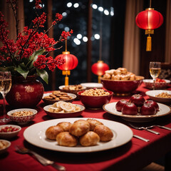 Obraz premium Red and gold themed traditional Chinese New Year dinner table