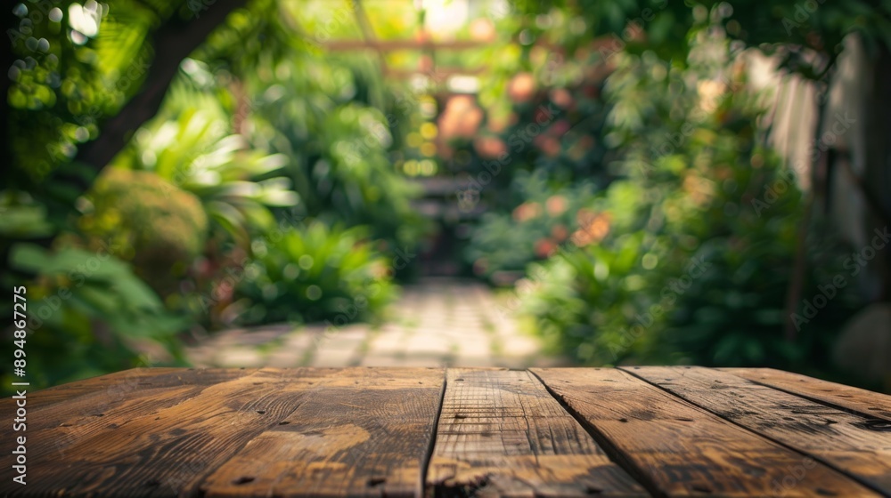 Poster a close-up view of a wooden tabletop with a blurred background of a lush, green garden. sunlight fil