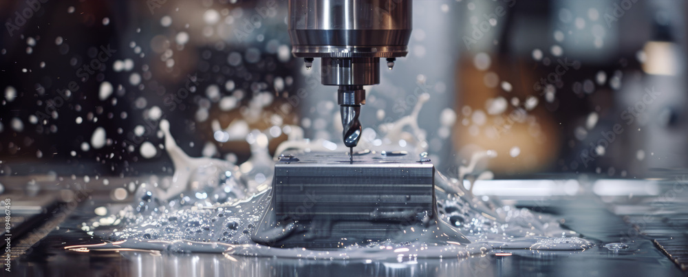 Poster cnc machine drilling aluminum block with coolant fluid in a precision manufacturing setting