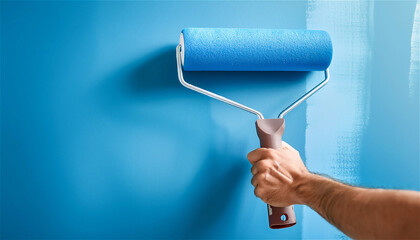 Obraz premium Hand Painting Wall with Blue Paint Roller