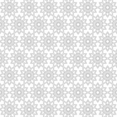 Seamless geometric pattern with flower-like shapes arranged symmetrically and repeating. Suitable for various design purposes, such as textiles, tiles, wallpapers, backgrounds, etc.