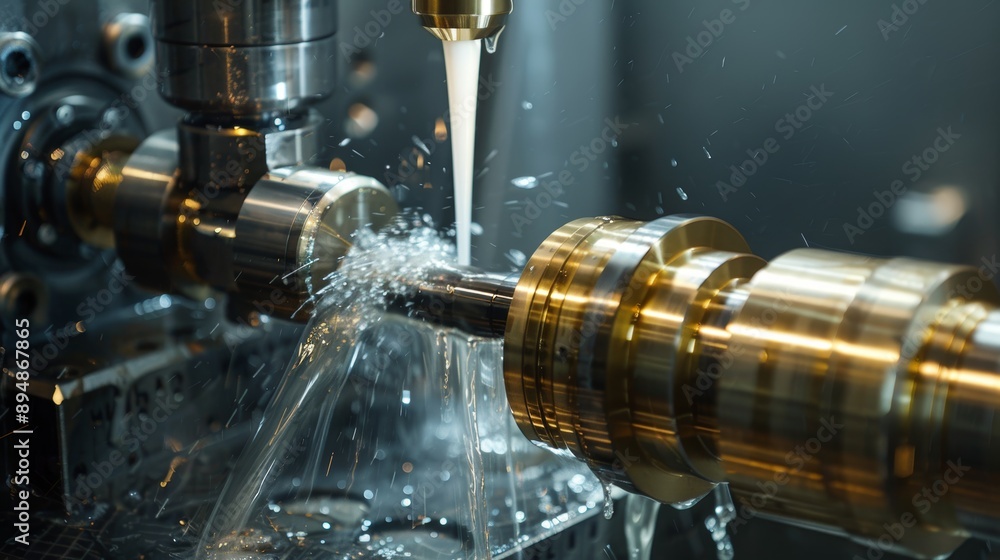 Poster cnc lathe performing precision threading on brass cylinder with coolant and sparks