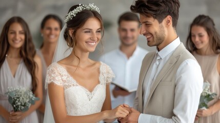 Obraz premium Joyful same gender couple holding hands during their wedding ceremony surrounded by family and friends celebrating their love and commitment