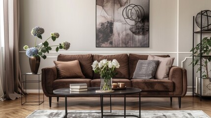 Vase with flowers on coffee table in stylish living room with brown sofa and abstract wall art