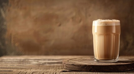 Milkshake or coffee in trendy beer can shaped glass on wooden board Front view with brown background and space for text