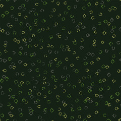 Seamless green camouflage pattern with chaotic scattered small abstract shapes like rings, brackets, clamps. Random chaotic composition. For apparel, fabric, textile, sport goods.