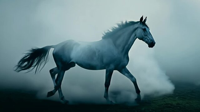 camera follows closely behind a ghost horse as it gallops through the fog, its form warping and shifting. Ambient light creates silhouette effect while the horse's mane and tail flow as if underwater